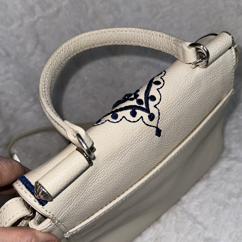 Brighton “MEENA” Cream Blue Jewel Leather Top-Handle Leather Crossbody P… - Picture 9 of 12